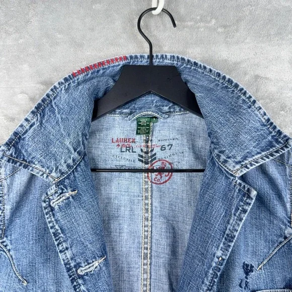 Lauren Ralph Lauren LRL Denim Chore Jacket Womens S Pockets Embellished Buttons - Picture 15 of 16